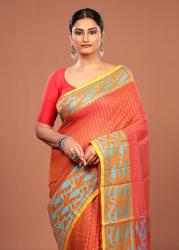 Orange Jamdani Cotton Saree Without Blouse Piece