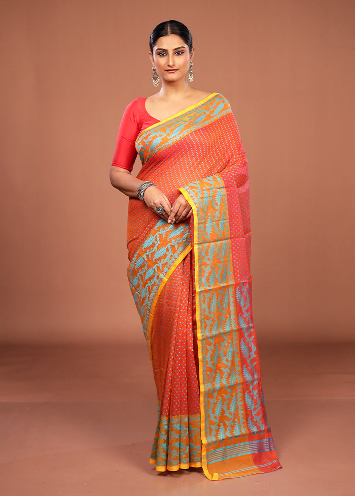 Orange Jamdani Cotton Saree Without Blouse Piece