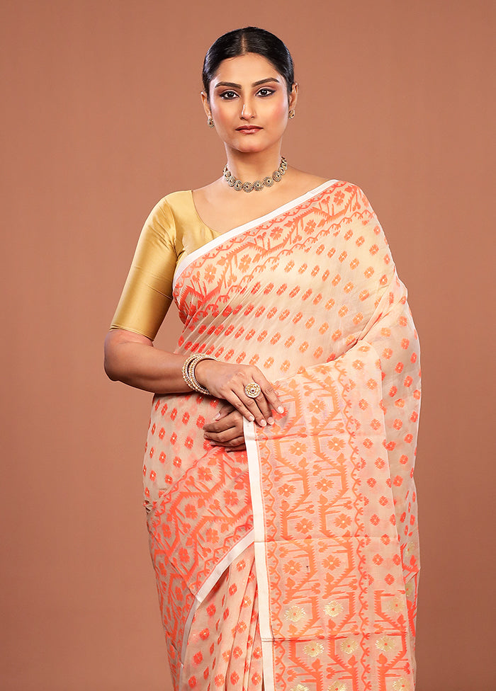 Cream Jamdani Cotton Saree Without Blouse Piece