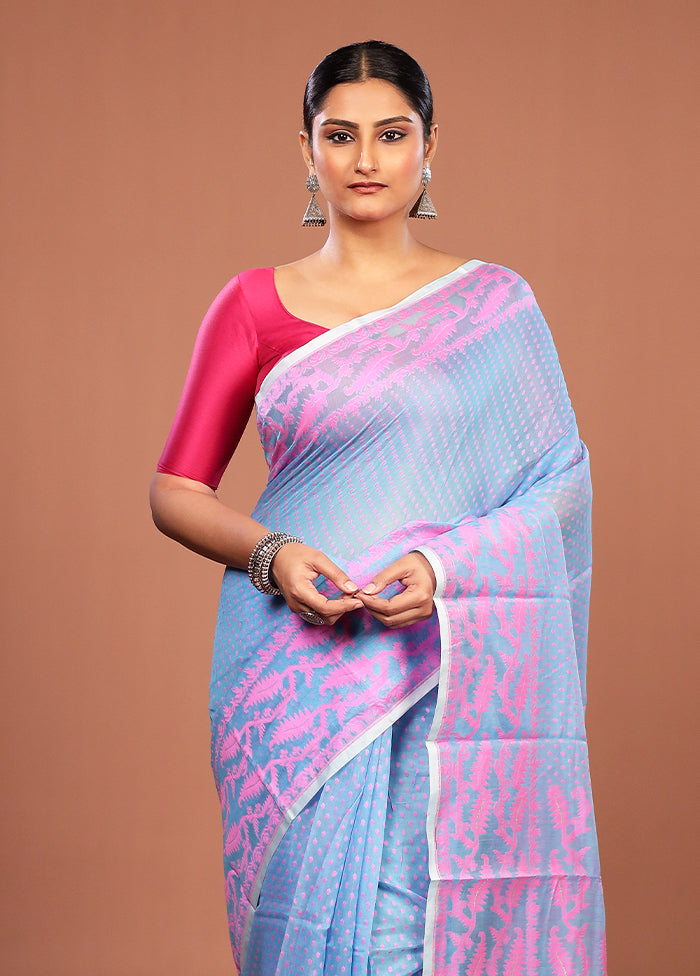 Blue Jamdani Cotton Saree Without Blouse Piece