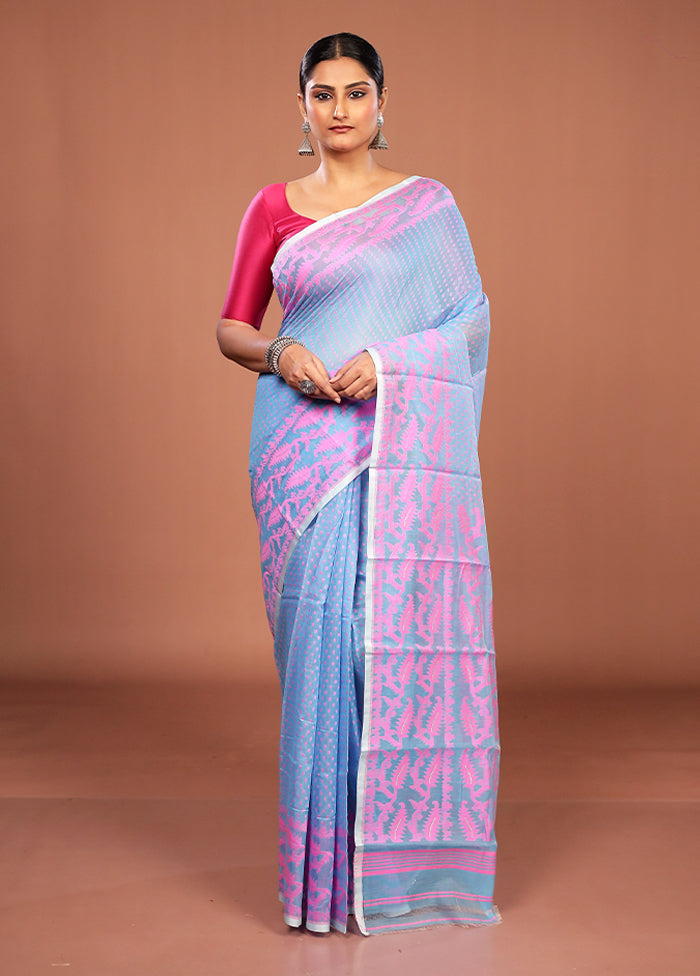 Blue Jamdani Cotton Saree Without Blouse Piece