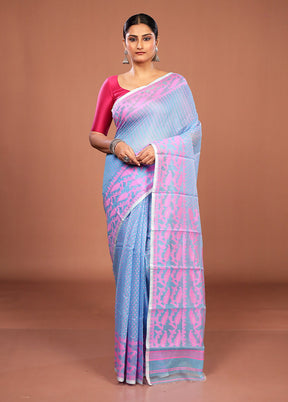 Blue Jamdani Cotton Saree Without Blouse Piece