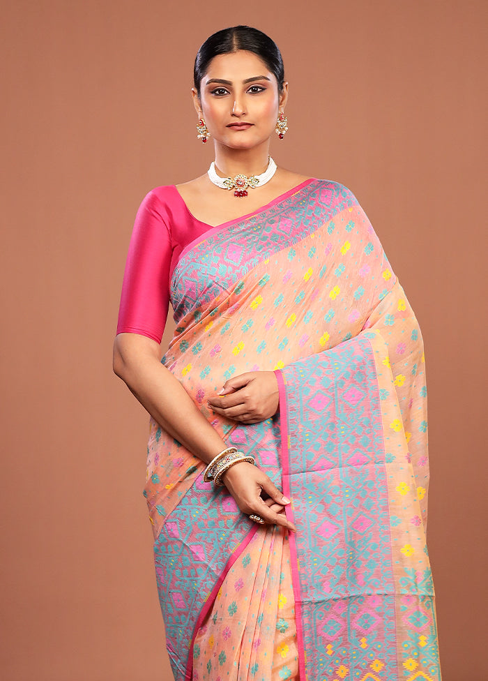 Peach Jamdani Cotton Saree Without Blouse Piece