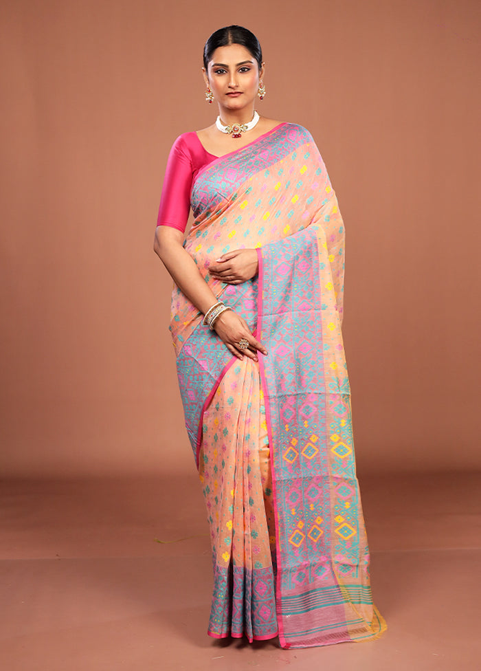 Peach Jamdani Cotton Saree Without Blouse Piece