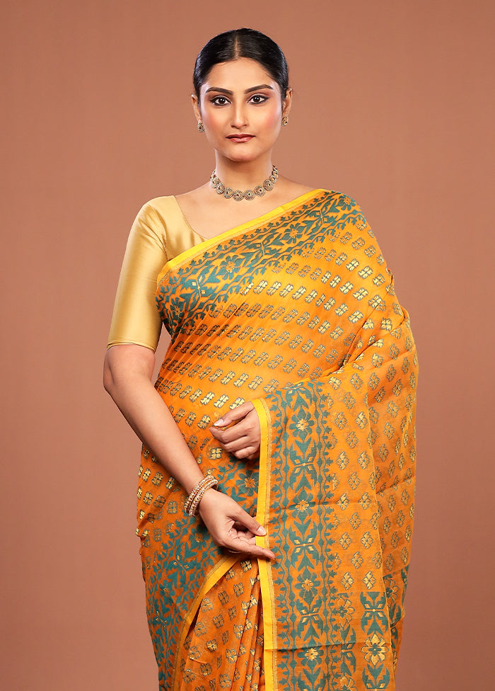 Yellow Jamdani Cotton Saree Without Blouse Piece
