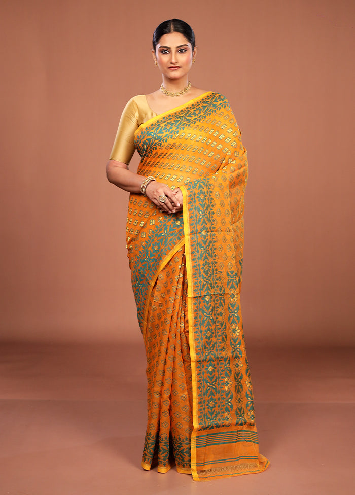 Yellow Jamdani Cotton Saree Without Blouse Piece