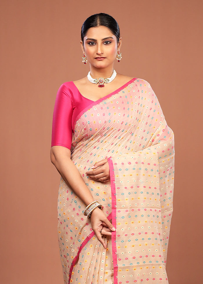 Cream Jamdani Cotton Saree Without Blouse Piece