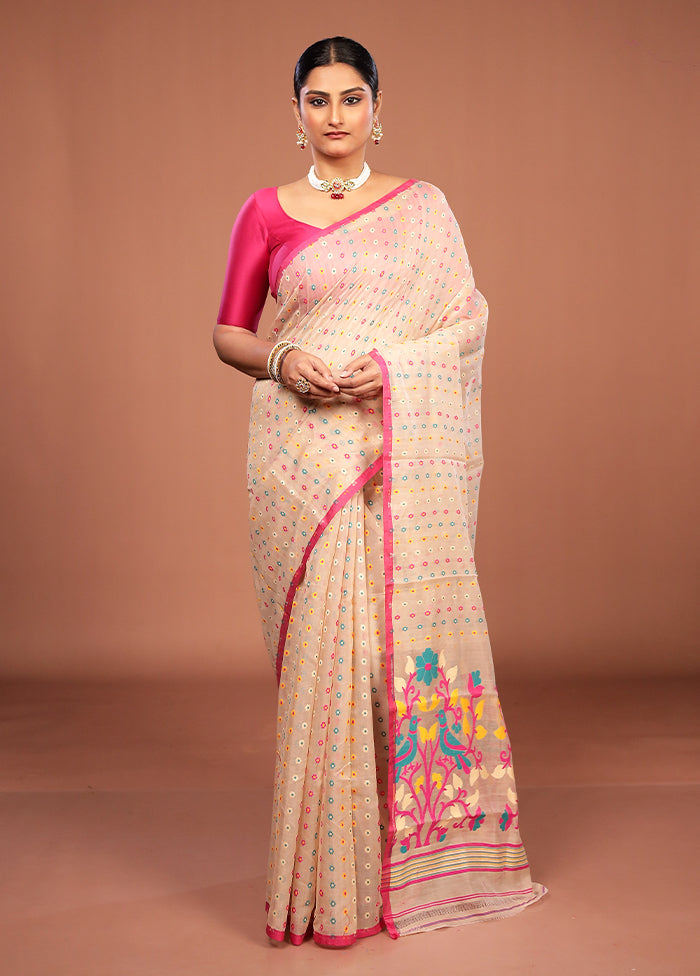 Cream Jamdani Cotton Saree Without Blouse Piece