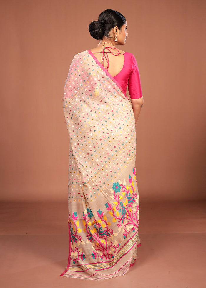 Cream Jamdani Cotton Saree Without Blouse Piece