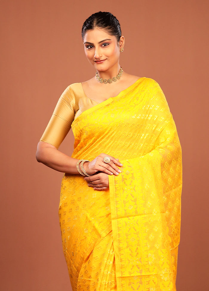 Yellow Jamdani Cotton Saree Without Blouse Piece