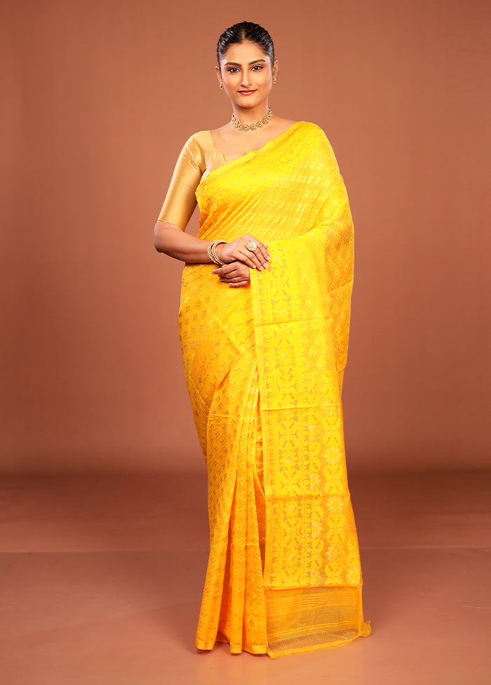 Yellow Jamdani Cotton Saree Without Blouse Piece