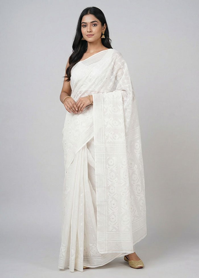 White Jamdani Cotton Saree Without Blouse Piece