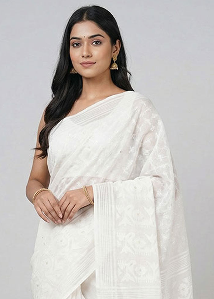 White Jamdani Cotton Saree Without Blouse Piece