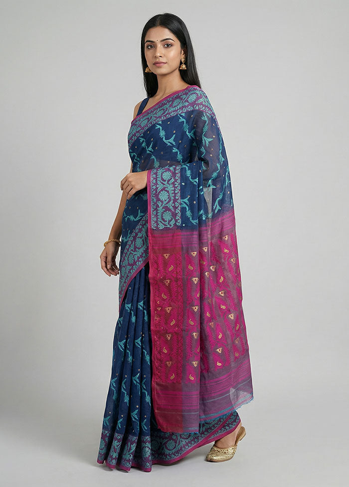Blue Jamdani Cotton Saree Without Blouse Piece