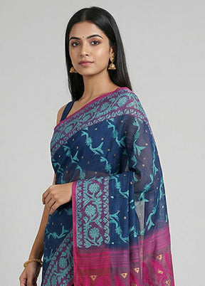 Blue Jamdani Cotton Saree Without Blouse Piece
