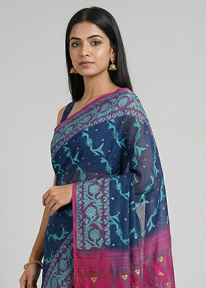 Blue Jamdani Cotton Saree Without Blouse Piece