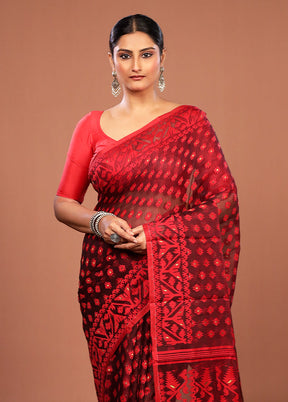 Maroon Jamdani Cotton Saree Without Blouse Piece
