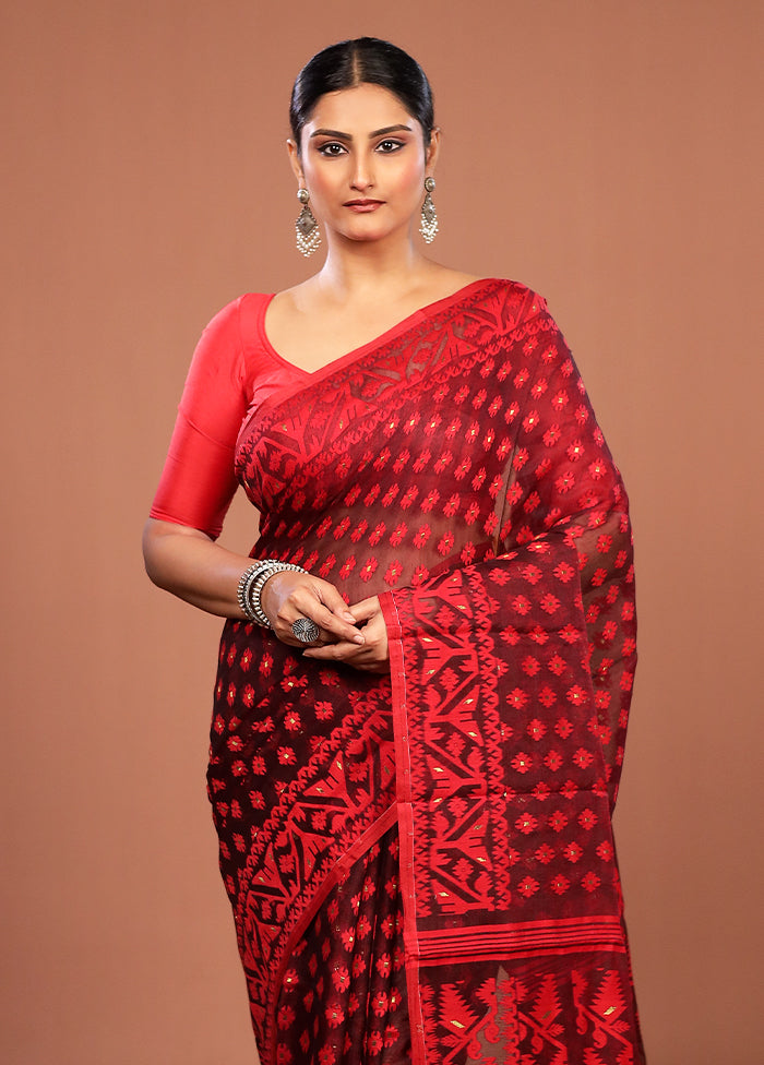 Maroon Jamdani Cotton Saree Without Blouse Piece