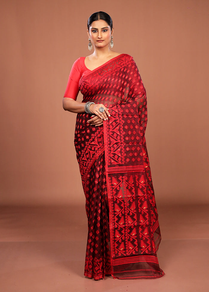 Maroon Jamdani Cotton Saree Without Blouse Piece
