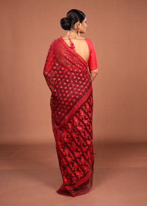 Maroon Jamdani Cotton Saree Without Blouse Piece