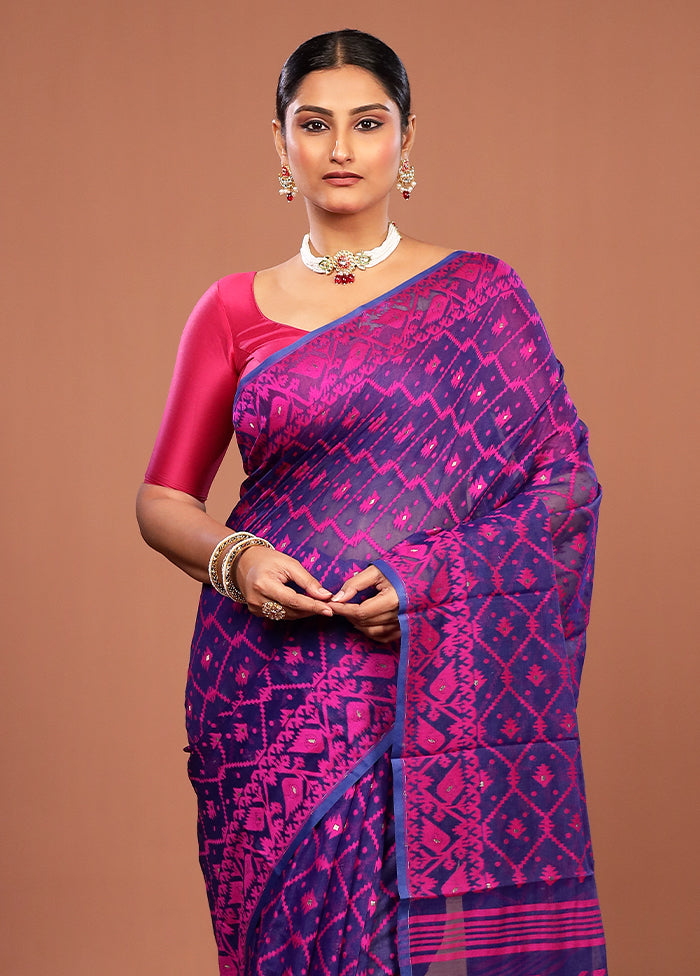 Blue Jamdani Cotton Saree Without Blouse Piece