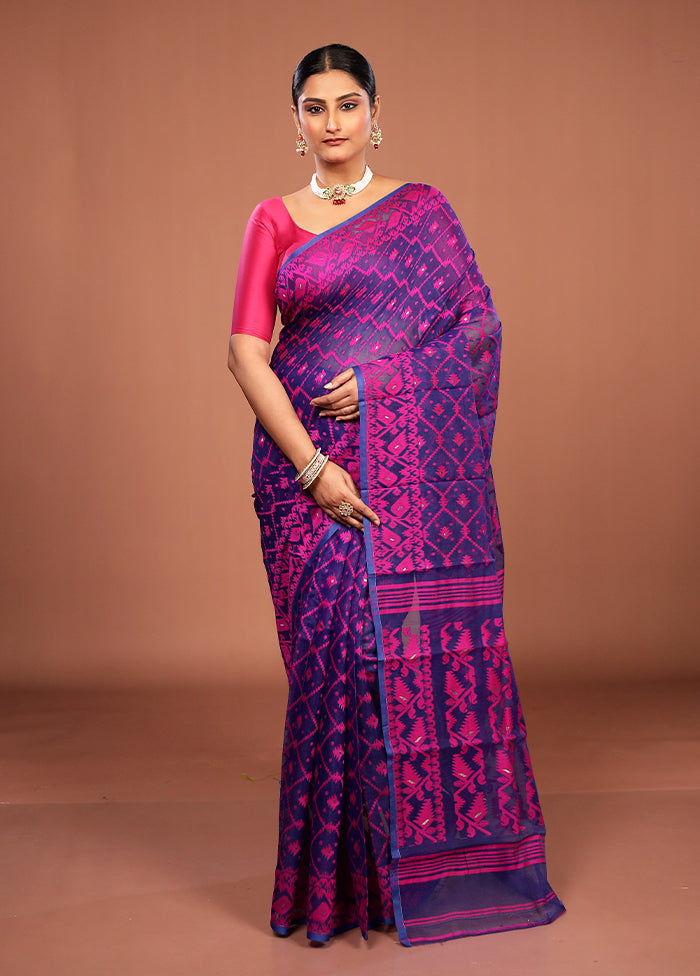 Blue Jamdani Cotton Saree Without Blouse Piece