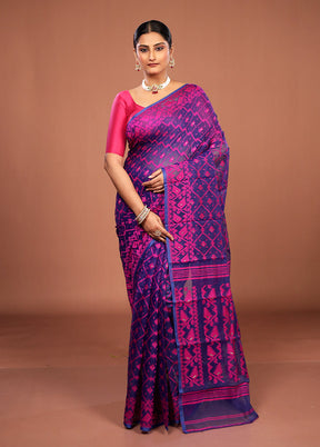 Blue Jamdani Cotton Saree Without Blouse Piece