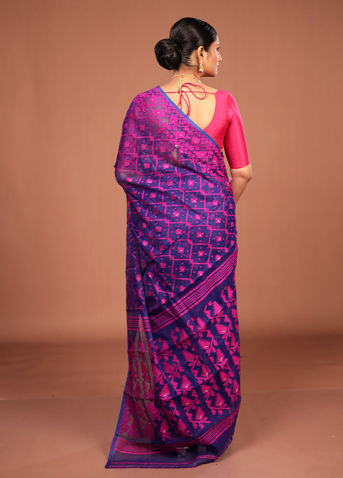 Blue Jamdani Cotton Saree Without Blouse Piece
