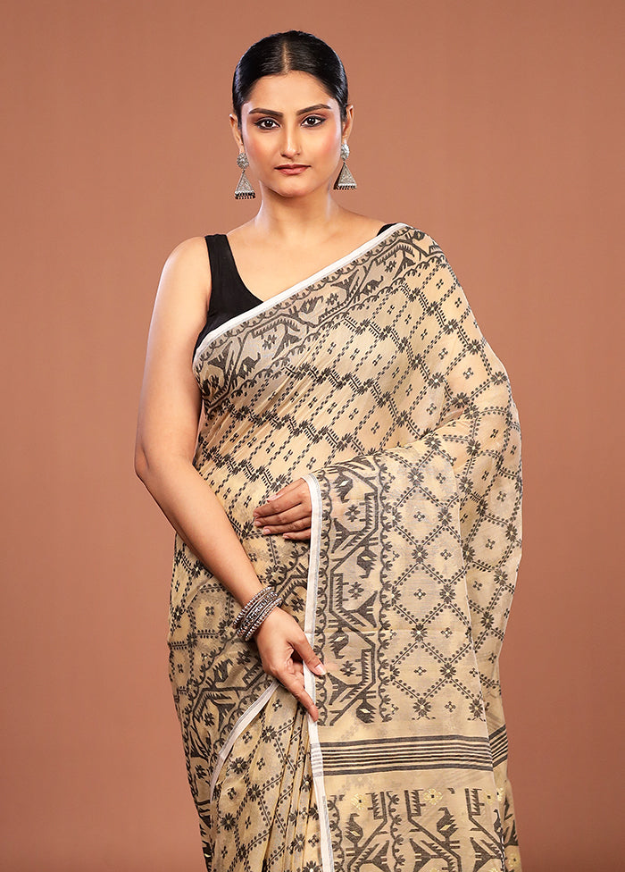 Cream Jamdani Cotton Saree Without Blouse Piece