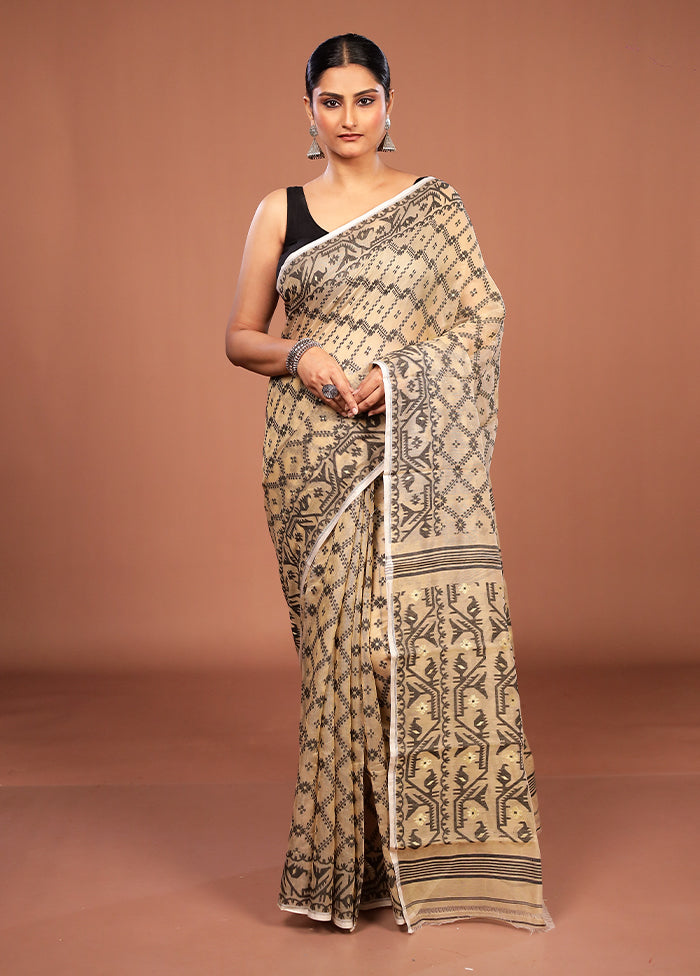 Cream Jamdani Cotton Saree Without Blouse Piece