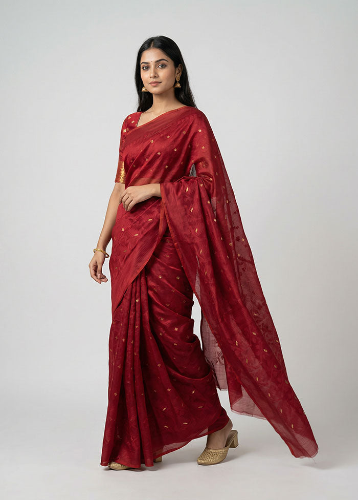 Maroon Jamdani Cotton Saree Without Blouse Piece