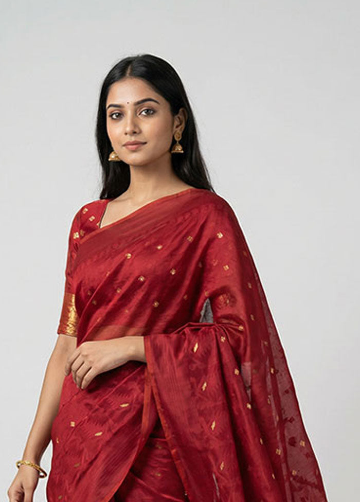 Maroon Jamdani Cotton Saree Without Blouse Piece