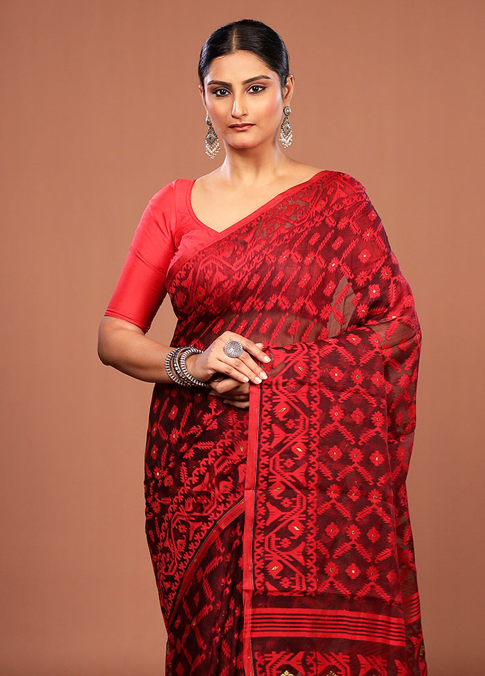 Maroon Jamdani Cotton Saree Without Blouse Piece
