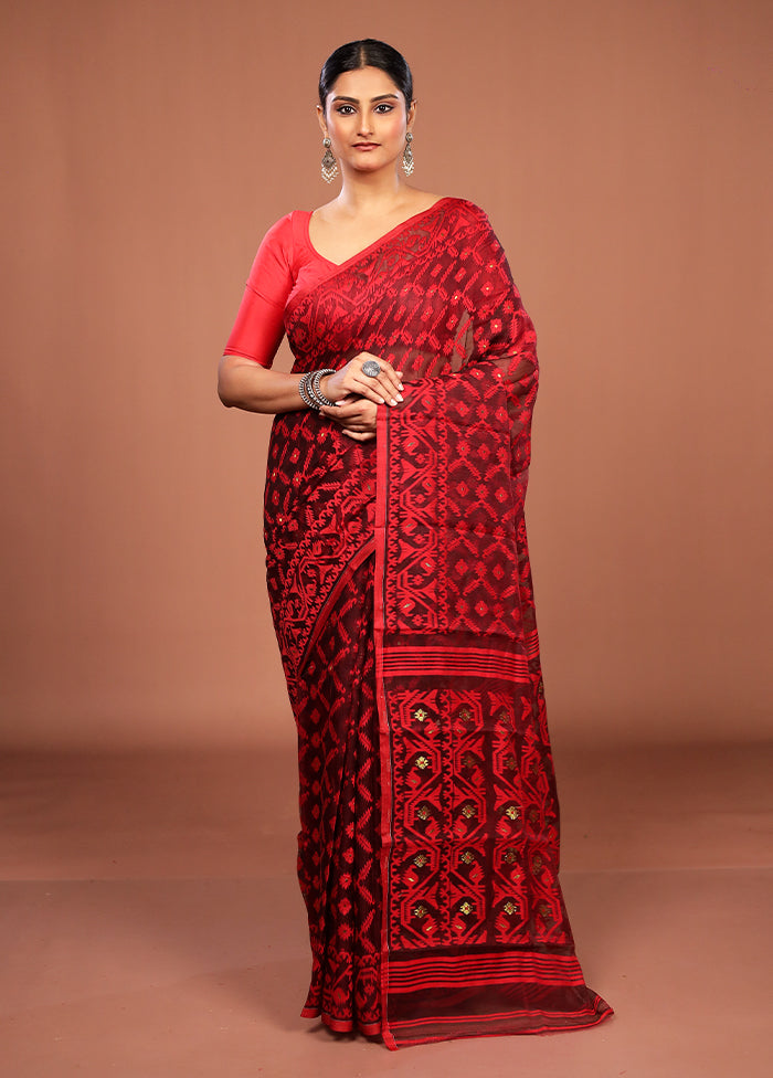 Maroon Jamdani Cotton Saree Without Blouse Piece
