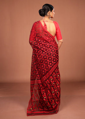 Maroon Jamdani Cotton Saree Without Blouse Piece