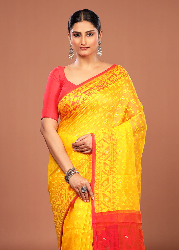 Yellow Jamdani Cotton Saree Without Blouse Piece