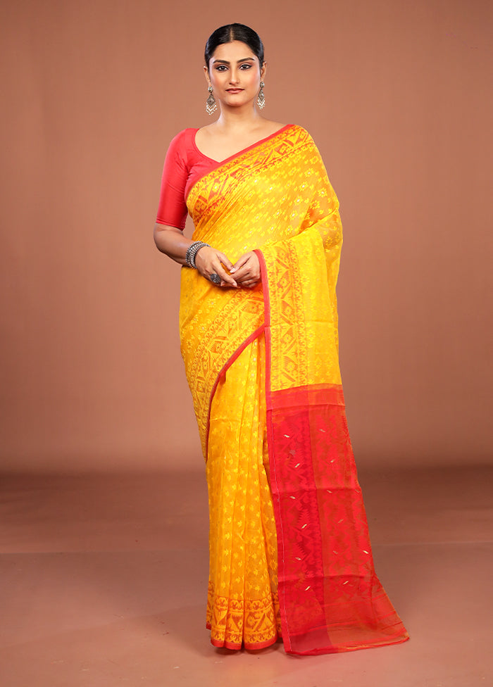 Yellow Jamdani Cotton Saree Without Blouse Piece