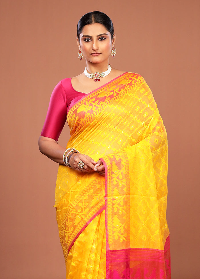 Yellow Jamdani Cotton Saree Without Blouse Piece