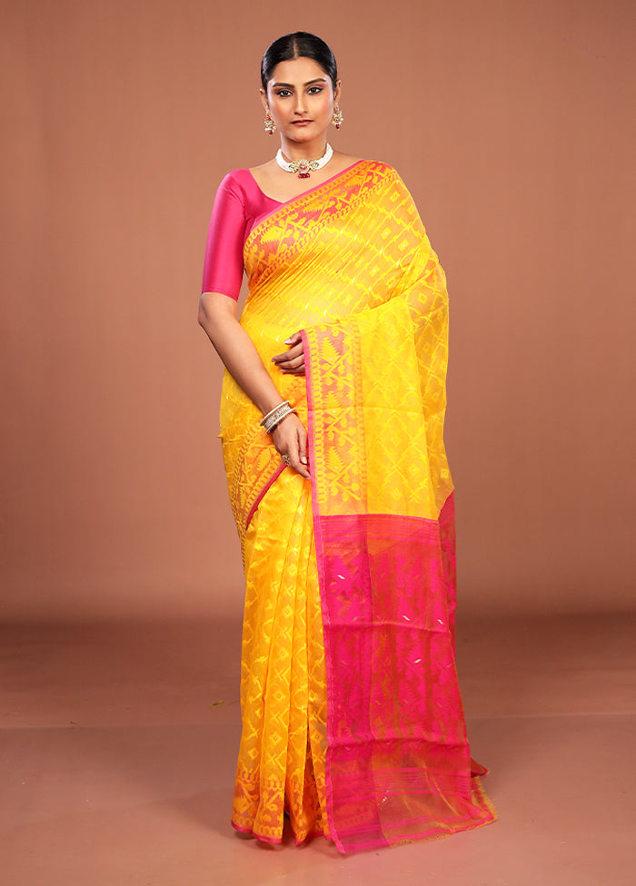 Yellow Jamdani Cotton Saree Without Blouse Piece