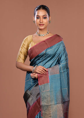 Blue Tussar Silk Saree With Blouse Piece