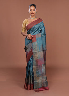 Blue Tussar Silk Saree With Blouse Piece