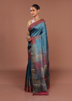 Blue Tussar Silk Saree With Blouse Piece
