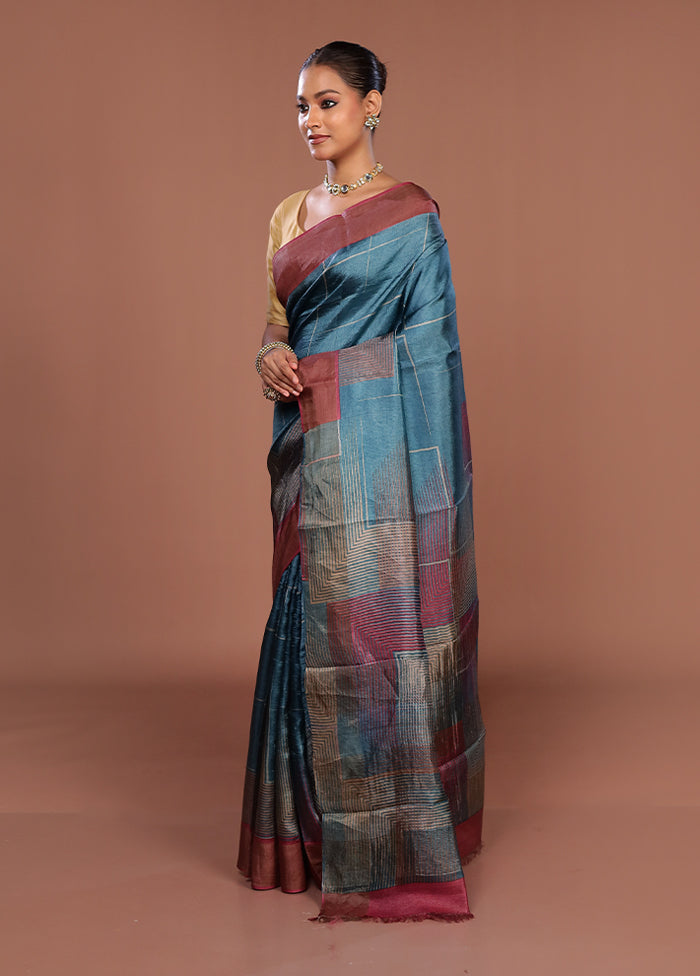 Blue Tussar Silk Saree With Blouse Piece