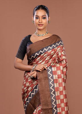Cream Handloom Tussar Pure Silk Saree With Blouse Piece