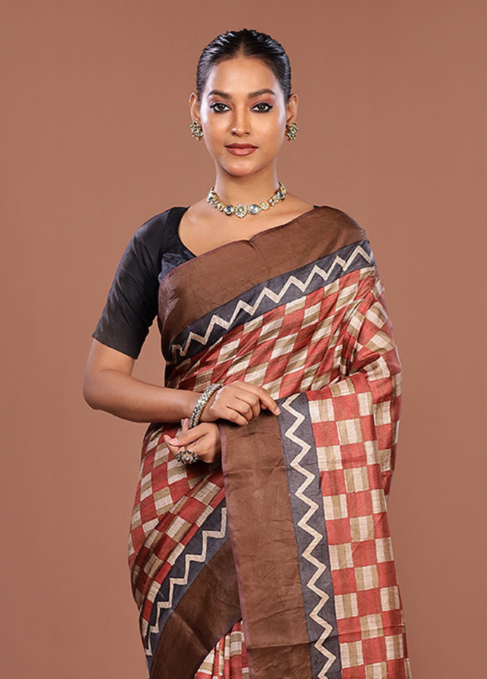 Cream Handloom Tussar Pure Silk Saree With Blouse Piece