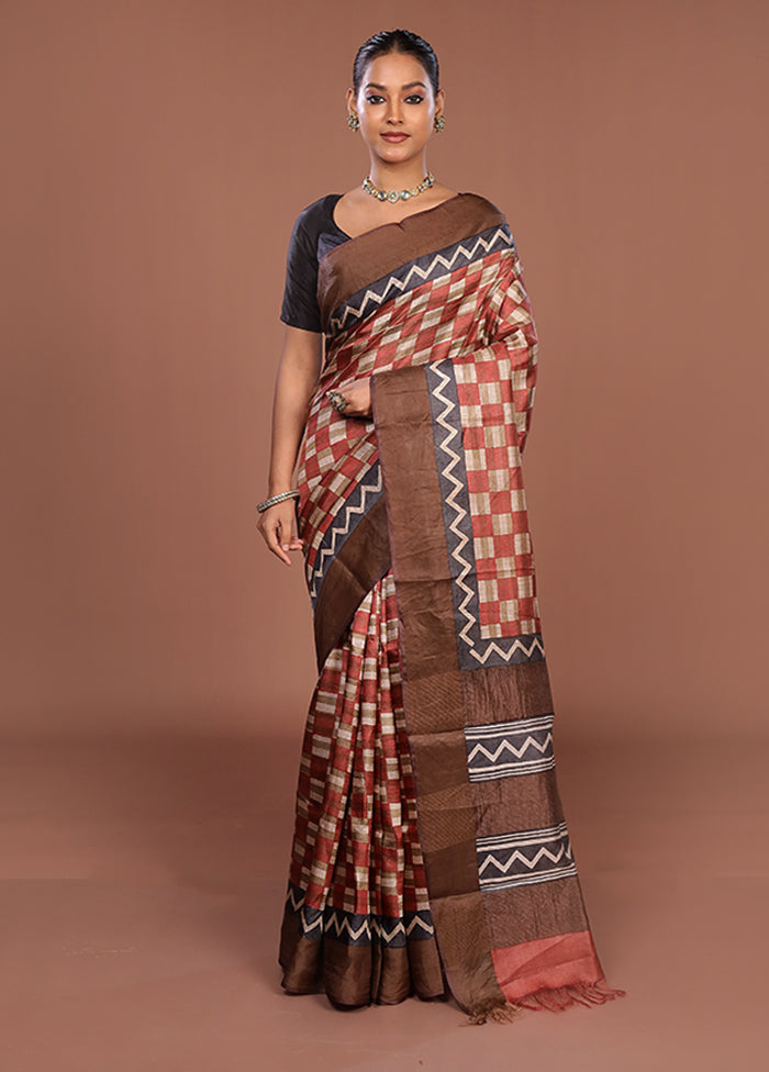 Cream Handloom Tussar Pure Silk Saree With Blouse Piece