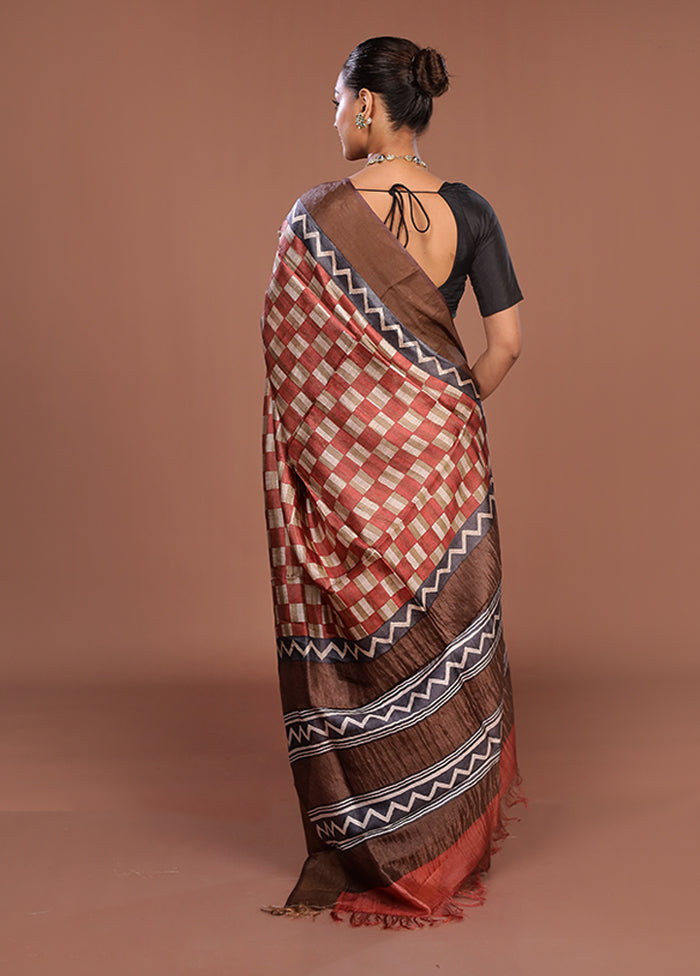 Cream Handloom Tussar Pure Silk Saree With Blouse Piece