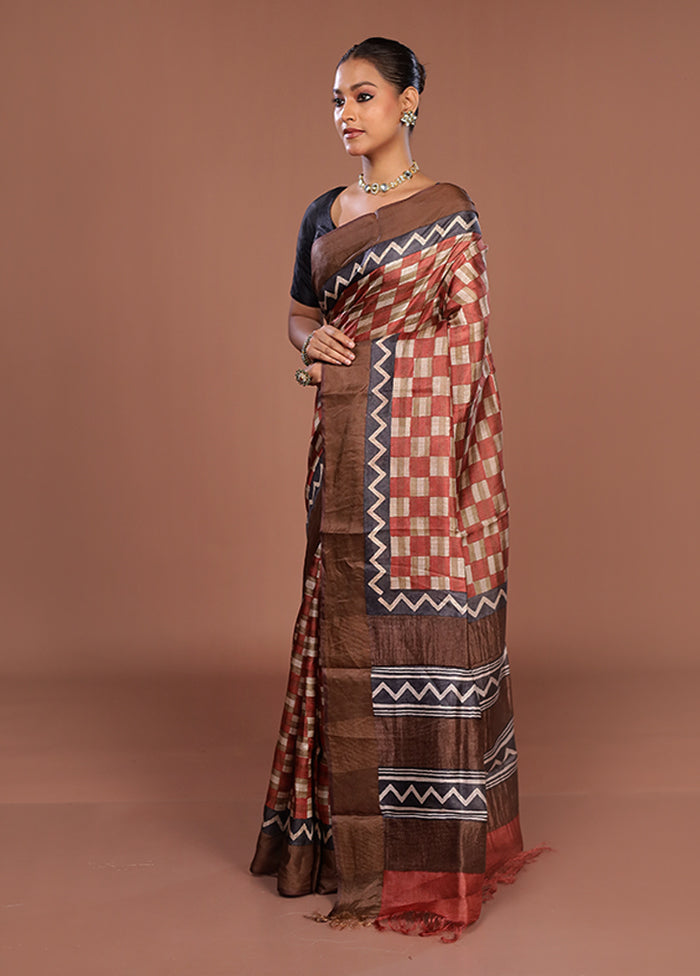 Cream Handloom Tussar Pure Silk Saree With Blouse Piece