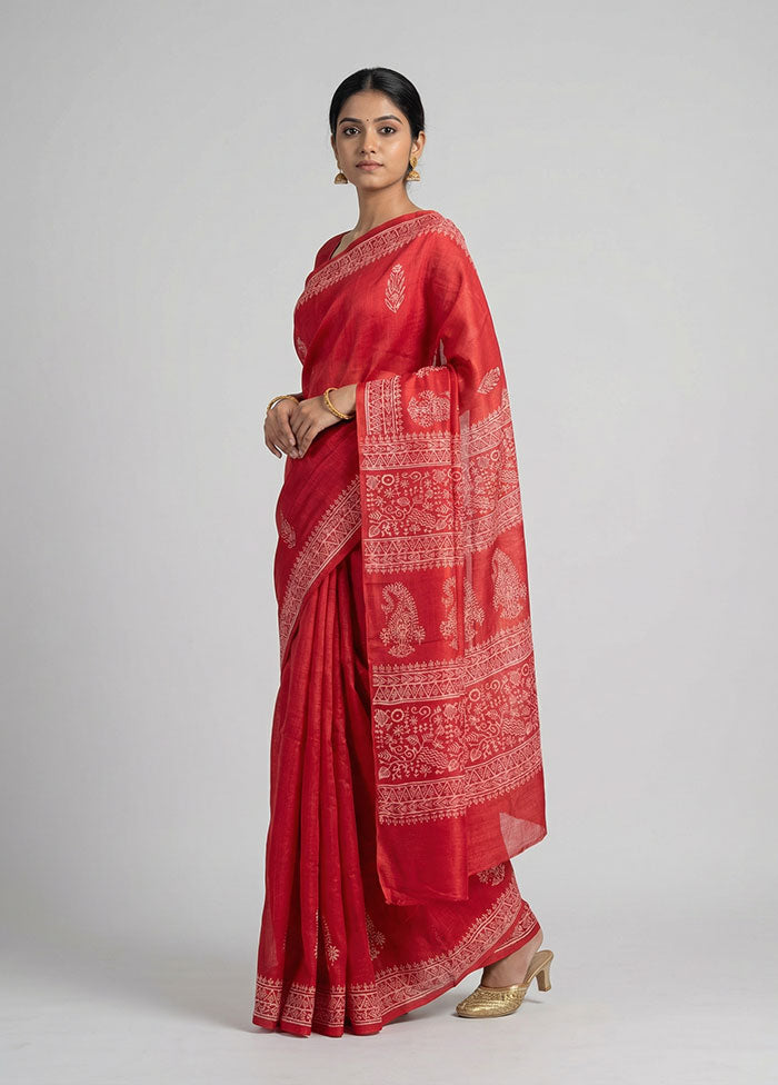 Red Printed Silk Saree Without Blouse Piece