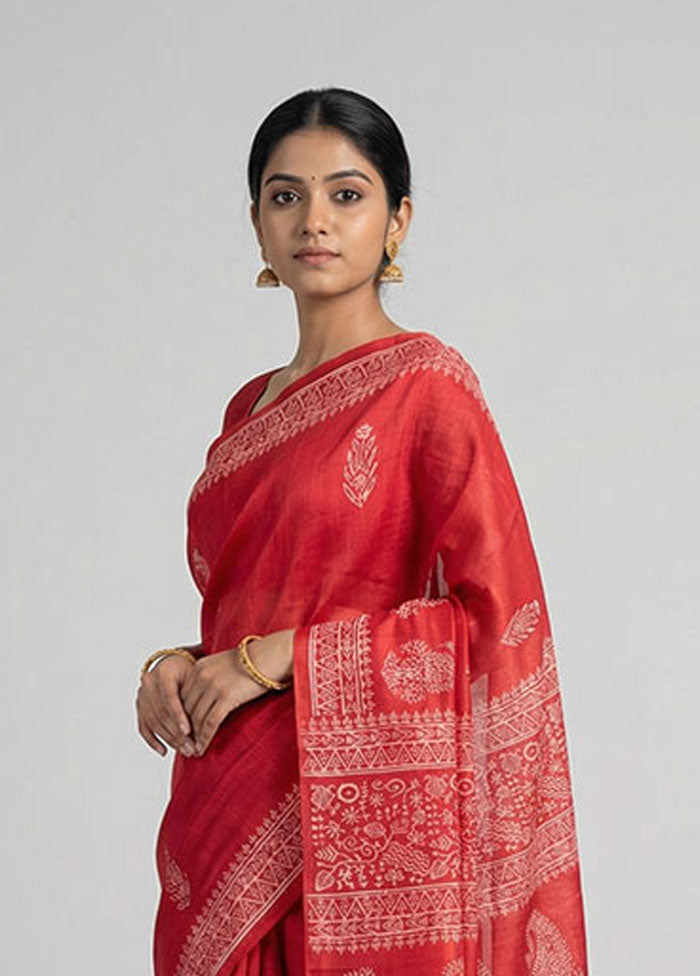 Red Printed Silk Saree Without Blouse Piece